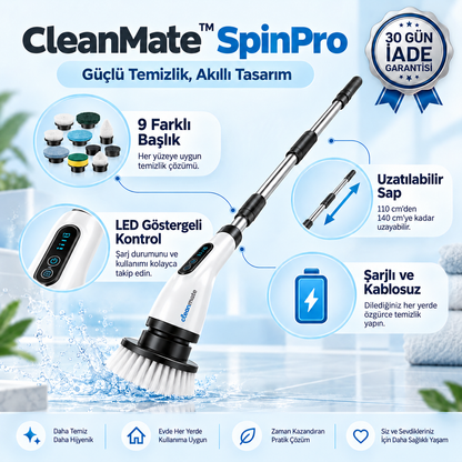 CleanMate™ SpinPro 9 Başlıklı Şarjlı Temizlik Fırçası