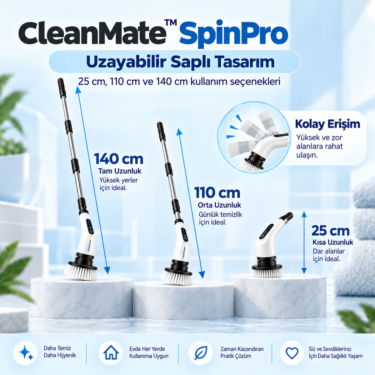 CleanMate™ SpinPro 9 Başlıklı Şarjlı Temizlik Fırçası