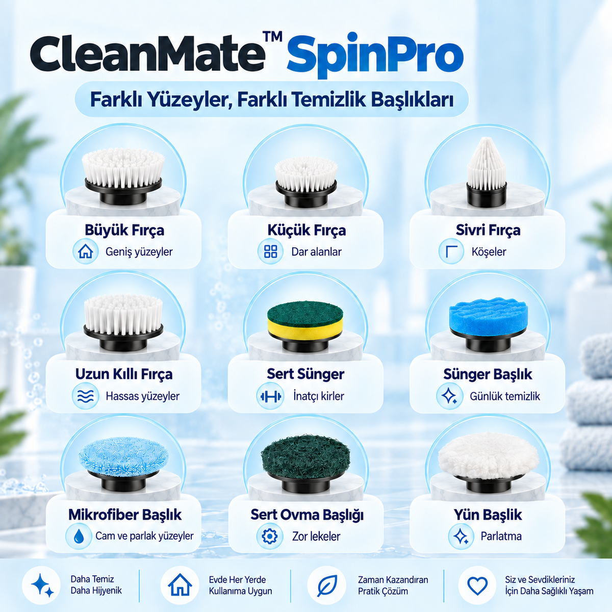CleanMate™ SpinPro 9 Başlıklı Şarjlı Temizlik Fırçası