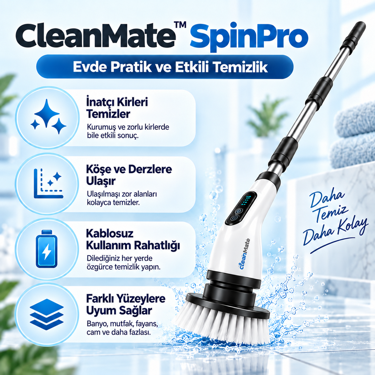 CleanMate™ SpinPro 9 Başlıklı Şarjlı Temizlik Fırçası