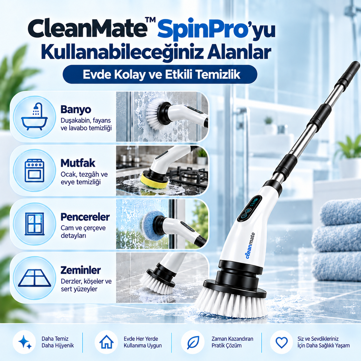 CleanMate™ SpinPro 9 Başlıklı Şarjlı Temizlik Fırçası