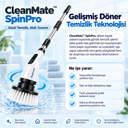 CleanMate™ SpinPro 9 Başlıklı Şarjlı Temizlik Fırçası