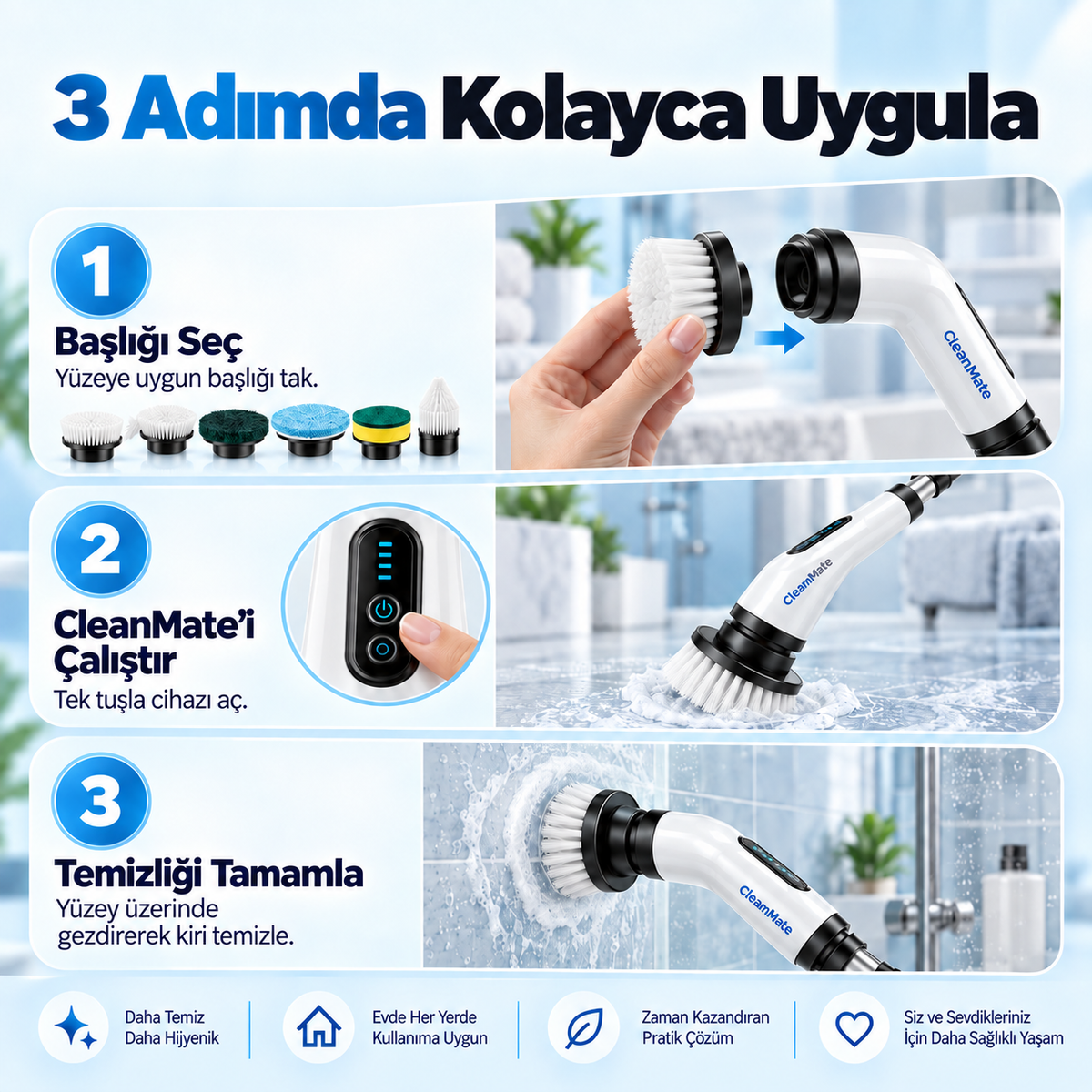 CleanMate™ SpinPro 9 Başlıklı Şarjlı Temizlik Fırçası